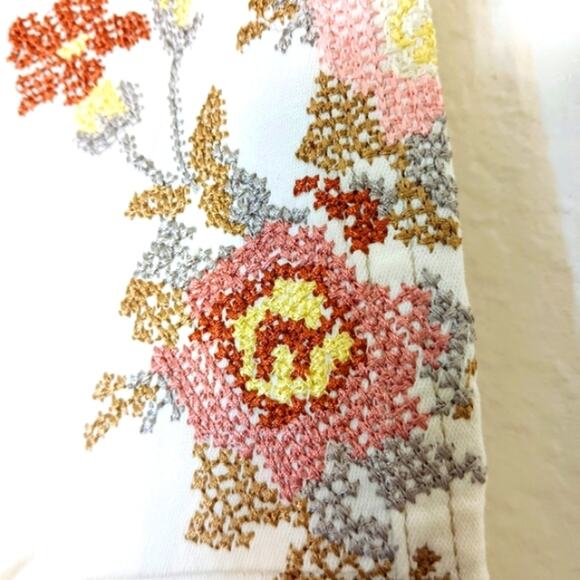 Y2K Capris Women's Sz 3 Ivory Cross Stitch Hand Enbroidered Floral Boho Festival - Picture 15 of 16